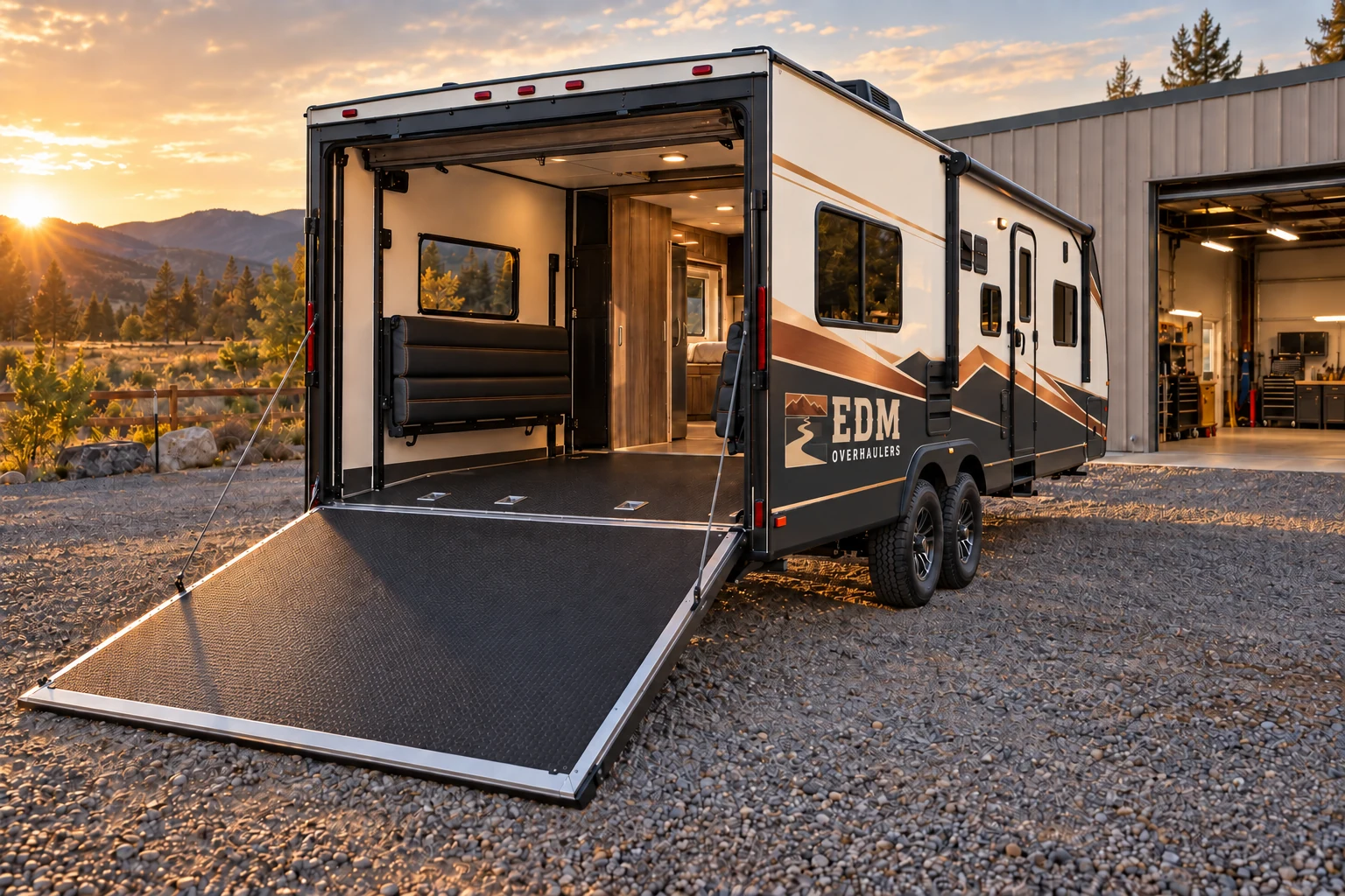 Toy-hauler concept with a copper and charcoal exterior, open rear garage and lowered ramp