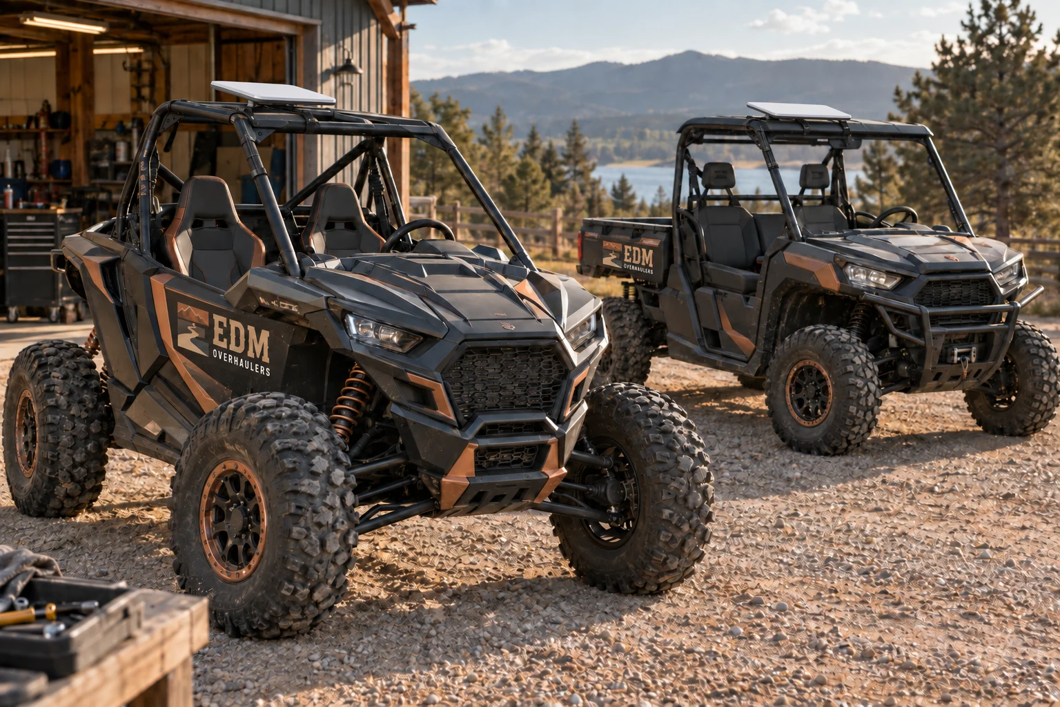 Sport and utility side-by-side concepts with integrated copper and sand EDM door branding and a flat Starlink antenna on each roof