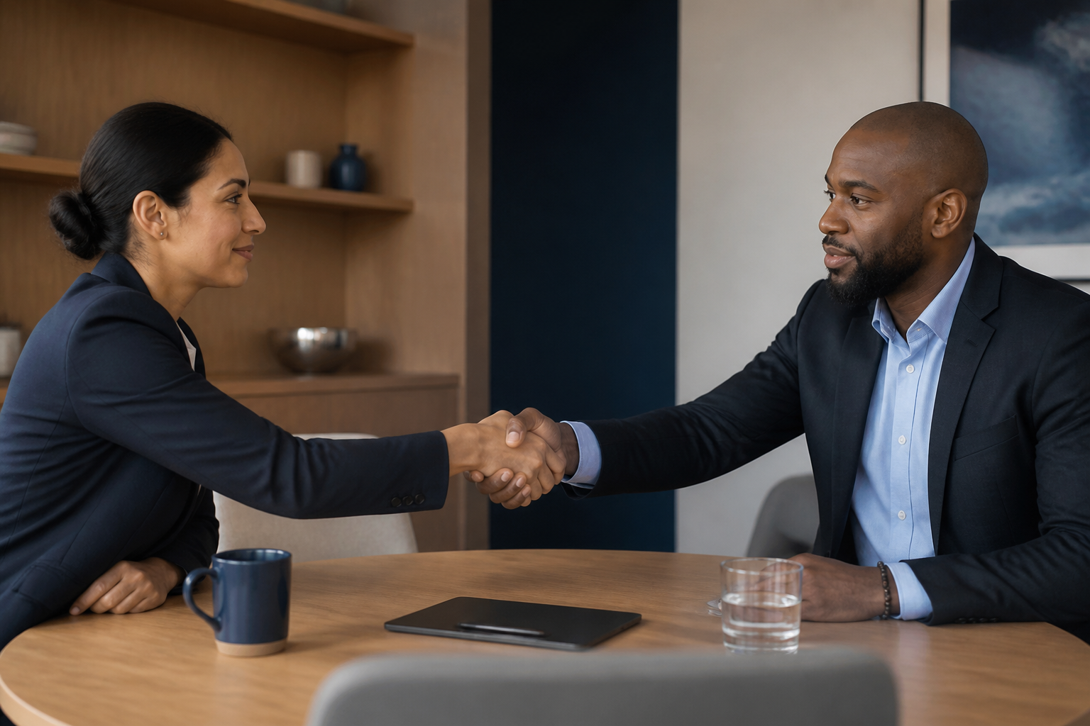 Two business professionals shaking hands during a meeting