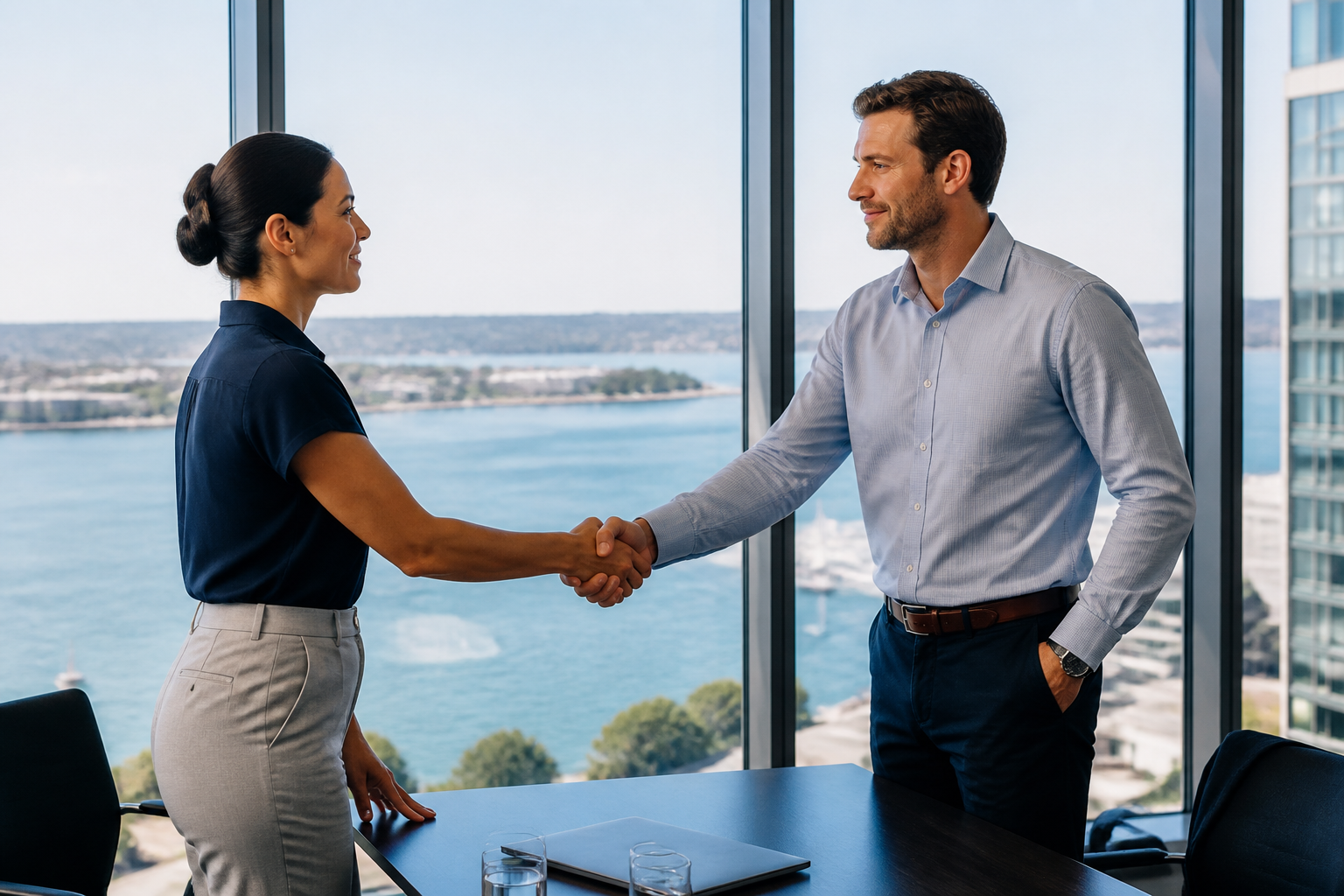 Two business professionals shaking hands in a San Diego office overlooking the Bay
